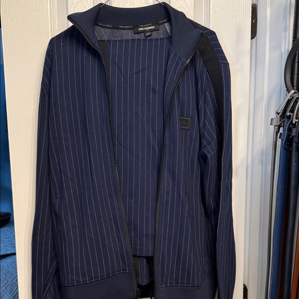Navy Pinstripe Zip-Up Jacket  and pants Leisure work out